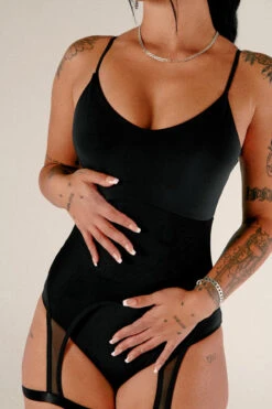 CXIX Baddies Garter Bodysuit - Onyx -Rad Store BaddiesGarterBodysuitBlackCloseUp