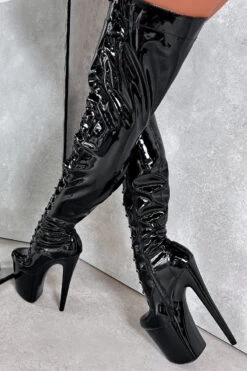 Hella Heels LipKit Thigh High Front Lace 8inch Boots - Black Beatle -Rad Store BlackBeatleThighHighFrontLace 8INCH5