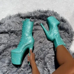 Hella Heels The Glitterati 8inch Boots - Baby Blues -Rad Store Bluebabybluesglitter8inchpoledancehighboot