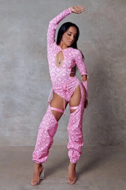 CXIX 119 Plunge Bodysuit - Pink Print -Rad Store Bodysuit Monogram Dancewear Fashion Pink 1