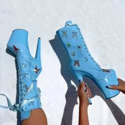 Hella Heels Butterfly 8inch Boots - Baby Blue -Rad Store ButterflyBoot Blue 8INCH1