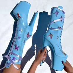 Hella Heels Butterfly 8inch Boots - Baby Blue -Rad Store ButterflyBoot Blue 8INCH5