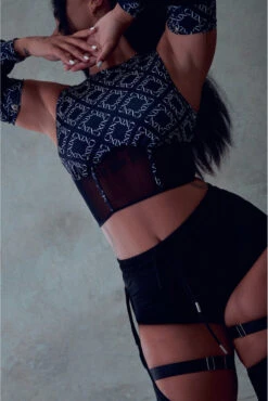 CXIX 119 Corset Top With Sleeves - Black Print -Rad Store CXIX 119 Polewear black dancewear Corset top