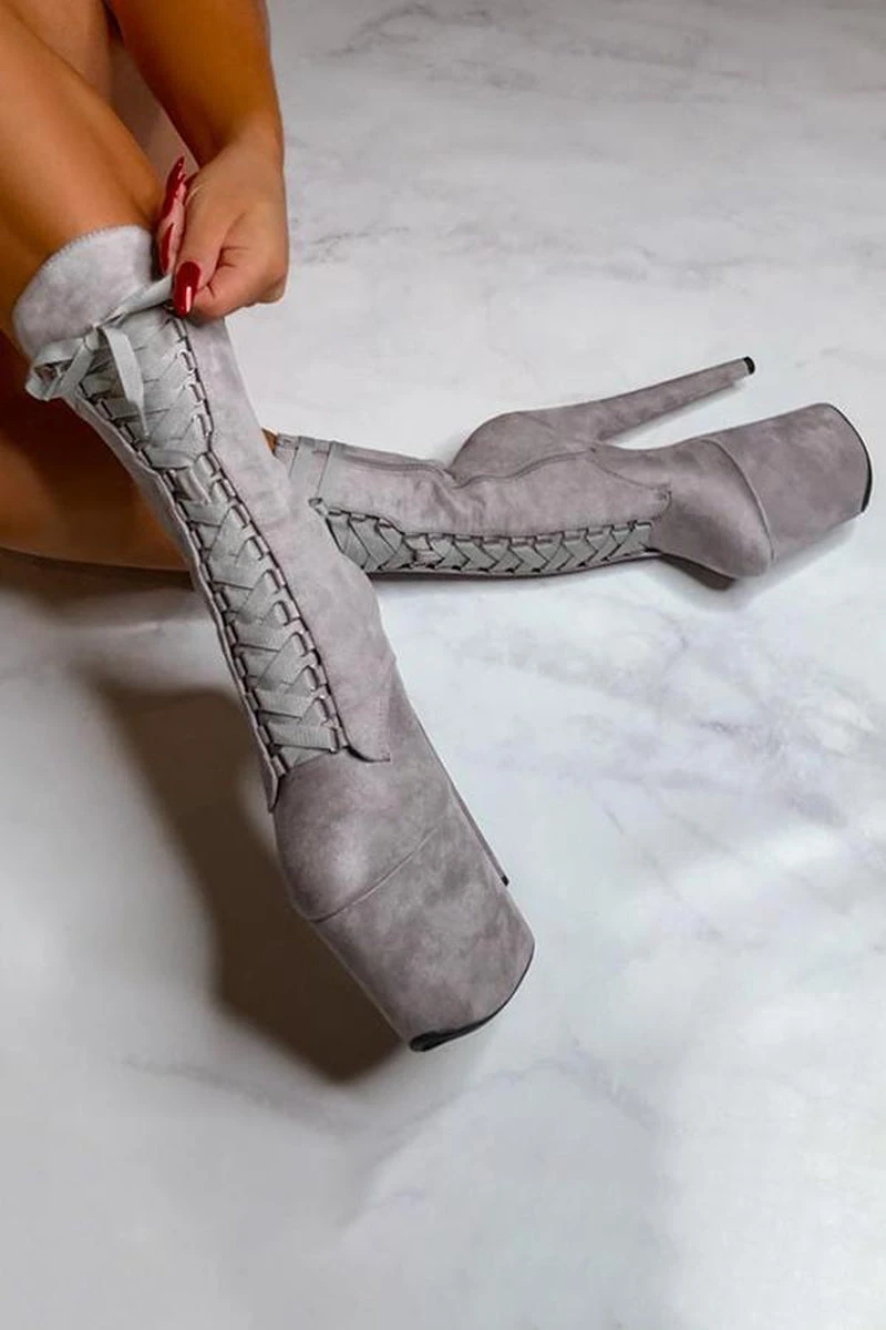 Hella Heels High BabyDoll 8inch Boots - Light Grey 4 Hella Heels High BabyDoll 8inch Boots - Light Grey - Image 2