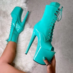 Hella Heels LipKit Open Toe 8inch Boots - Minted -Rad Store Minted8InchOpenTieCloseUp