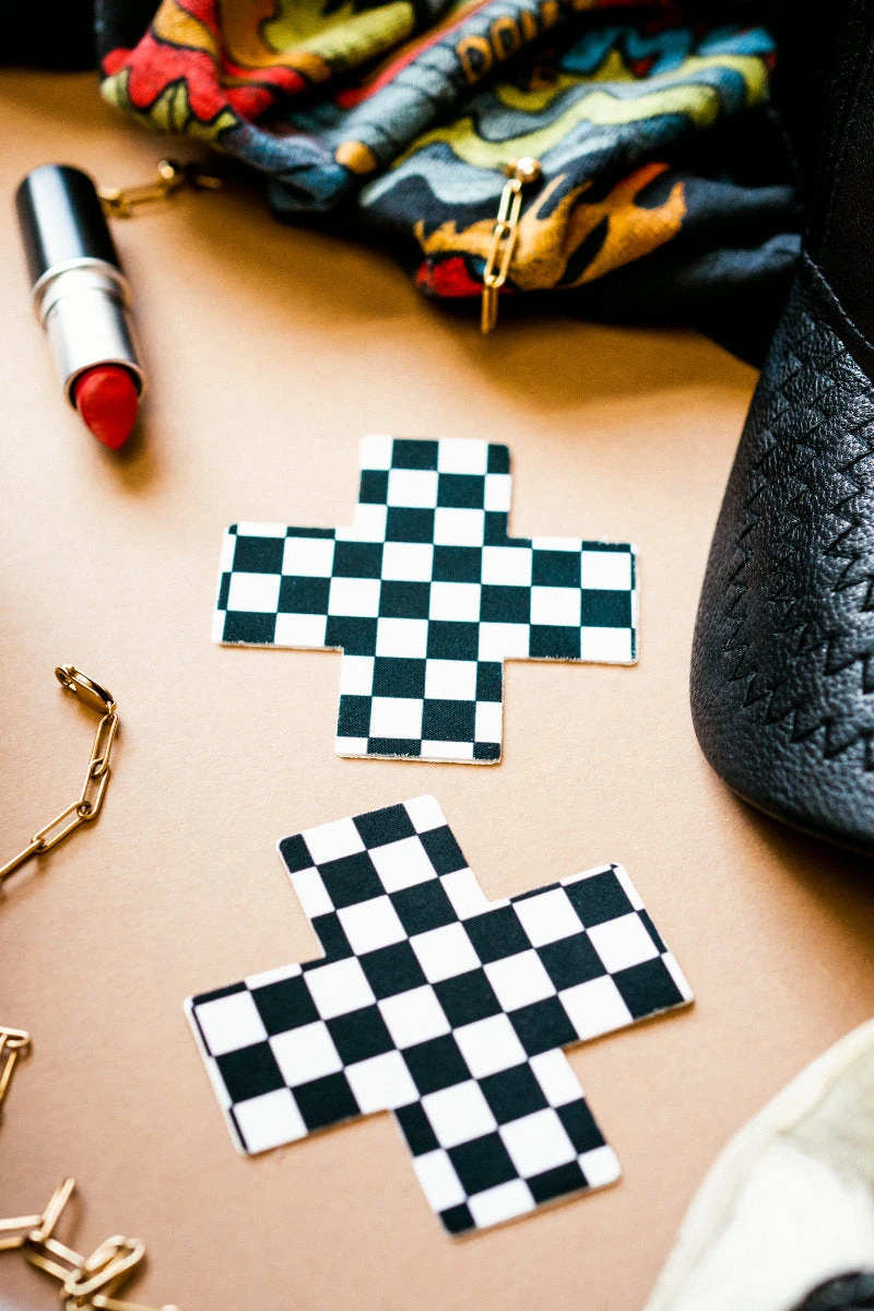 Pastease Cross Nipple Pasties - Black & White Checker 4 Pastease Cross Nipple Pasties - Black & White Checker - Image 2