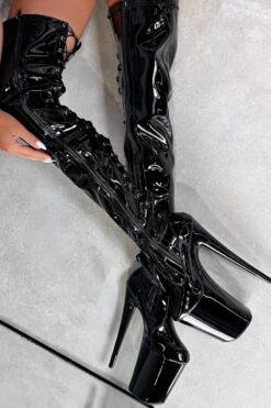 Hella Heels LipKit Thigh High Back Lace 9inch Boots - Black Beatle -Rad Store ThighHigh BlackBeatle 9INCH5