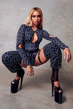 CXIX 119 Plunge Bodysuit - Black Print 12 CXIX 119 Plunge Bodysuit - Black Print -Rad Store bodysuit CXIX black monogram fashion poledance 119